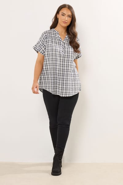 Yours Geruite Blouse Met Textuur En Korte Mouwen In Grijs Size 42