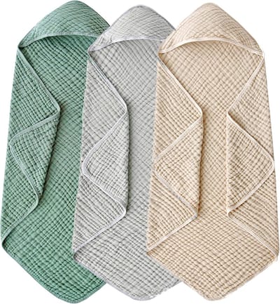 Omslagdoek baby-hydrofiele doeken-driedelige babyhanddoekenset - babyhanddoek met capuchon - badhanddoek met capuchon - badhanddoek - grijs, groen, kaki - 90 x 90 cm