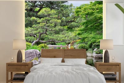 Behang - Fotobehang Japans - Natuur - Water - Stenen - Bomen - Breedte 350 cm x hoogte 350 cm