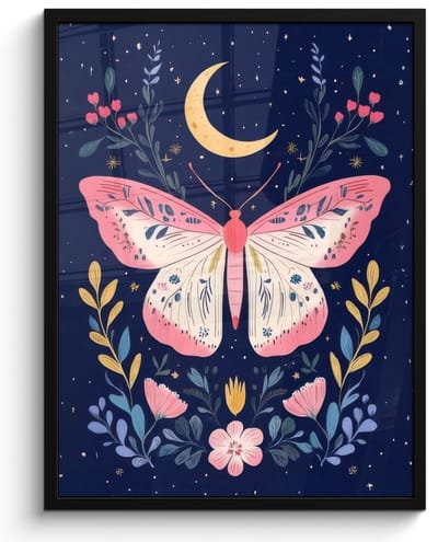 Poster in lijst - Fotolijst 50x70 cm - Posters - Vlinder - Maan - Bloemen - Sterrenhemel - Posterlijst zwart - Decoratie - Wanddecoratie woonkamer - Muurdecoratie slaapkamer
