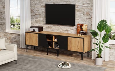 REDOM TV-meubel 160 x 36,5 x 45 cm van spaanplaat en PVC, zwart accent, schuine deuren & 7 poten