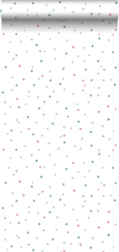 ESTAhome behang stippen roze, mintgroen en vergrijsd blauw - 53 cm x 10.05 m - 139049