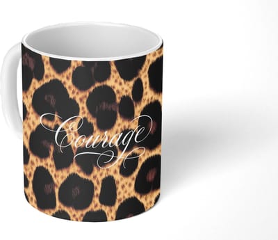 Mok - Koffiemok - Luipaardprint - Bruin - Courage - Sierlijk - Mokken - 350 ML - Beker - Koffiemokken - Theemok - Mok met Tekst
