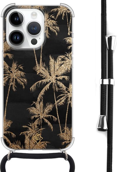 Casimoda® hoesje met koord - Geschikt voor iPhone 14 Pro - Palmbomen - Afneembaar koord - Siliconen/TPU - Zwart