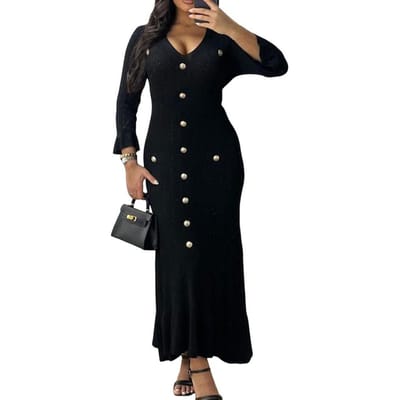 Bodycon Jurk Elegante V-hals Gebreide Maxi Jurk met Knoopdecoratie Fishtail Zoom Dames Slim Fit Patchwork Herfstjurk voor Lente L zwart