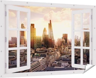 Gards Tuinposter Doorkijk Londen bij Zonsondergang in een Moderne Wijk - 180x120 cm - Tuindoek - Tuindecoratie - Wanddecoratie buiten - Tuinschilderij