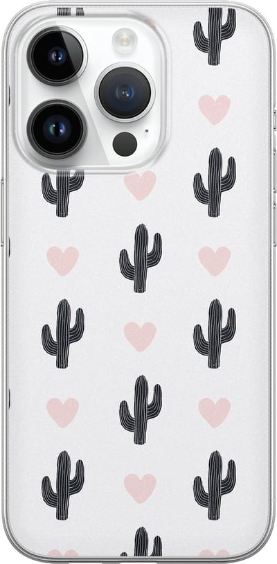 Leuke Telefoonhoesjes - Hoesje geschikt voor iPhone 14 Pro - Cactus hartjes - Soft case - TPU - Planten - Roze, Wit