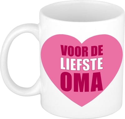 Oma verjaardag cadeau koffiemok - beker - voor de liefste oma - 300 ml - wit met roze