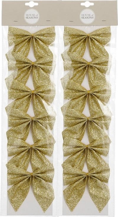 House of Seasons Kerst ornamenten strikken - 12x st - goud - 10 x 12 cm - kerstboomstrikjes
