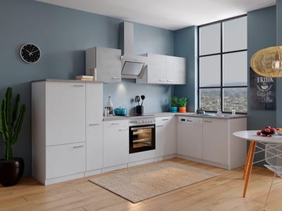 Hoekkeuken 310 cm - complete keuken met apparatuur Malia - Wit/Beton - soft close - keramische kookplaat - vaatwasser - afzuigkap - oven - spoelbak
