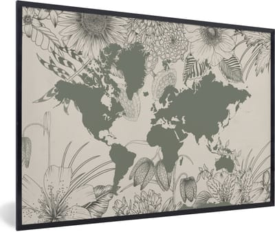 Poster in lijst - Fotolijst 90x60 cm - Posters - Wereldkaart - Grijs - Bloemen - Posterlijst zwart - Decoratie - Wanddecoratie woonkamer - Muurdecoratie slaapkamer