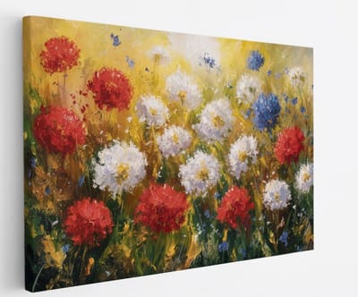Saammp Canvas Schilderij - Bloemen Weide Rood, Wit en Blauw - Natuur - Abstract - 45x30 - Foto op canvas - Wanddecoratie - Muurdecoratie Woonkamer - Kantoor Decoratie