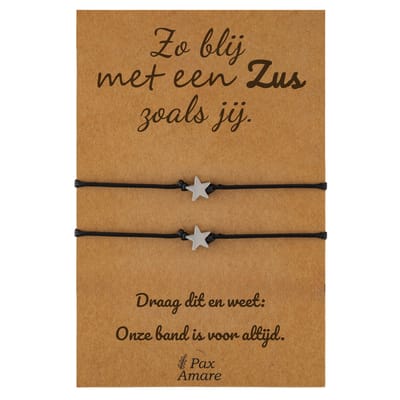 Vriendschapsarmbandjes voor 2 "Zo blij met een zus zoals jij" - Sterretjes - Sisters Armbandjes met Cadeau Kaartje - Zilverkleurig - Elastisch Verstelbaar - Pax Amare