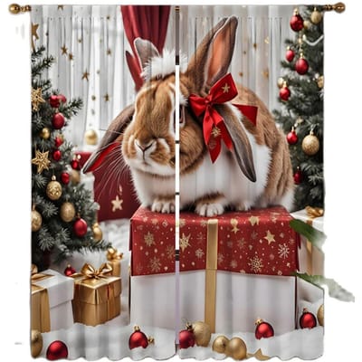 2 pièces HD Noël mignon lapin boîte cadeau décoration rideau Arbre de Noël cravate rouge rideau imprimé numérique style décoration maison W52H63inchW132H160cm gray