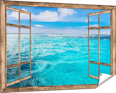 Gards Tuinposter Doorkijk Blauwe Caribische Zee Water - 150x100 cm - Tuindoek - Tuindecoratie - Wanddecoratie buiten - Tuinschilderij