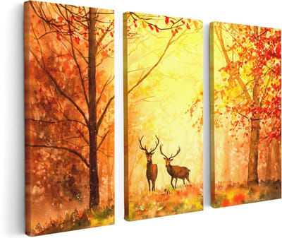 Artaza Canvas Schilderij Drieluik Getekende Herten In Het Bos - Herfst - 120x80 cm - Wanddecoratie Woonkamer - Schilderijen - Muurdecoratie