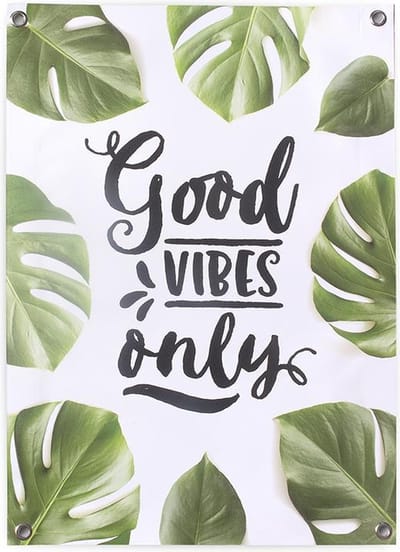 Tuinposter voor buiten buitencanvas met tekst Good Vibes Only botanisch tropisch bladeren 50x70