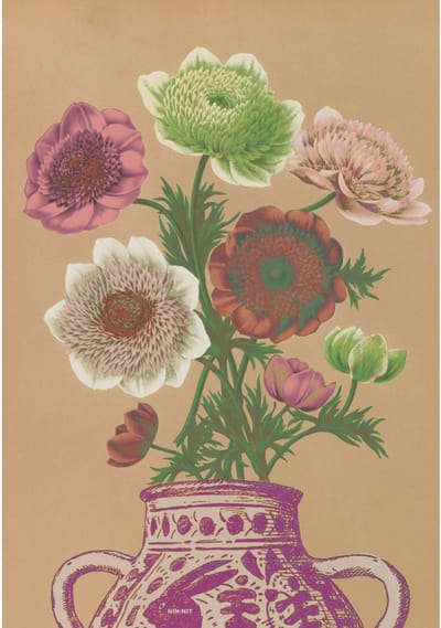 NIN-NIT wall-art - Wanddecoratie - dibond - bloemen schilderij - botanisch - 70x100 cm Anemone Vase - rose - beige - groen