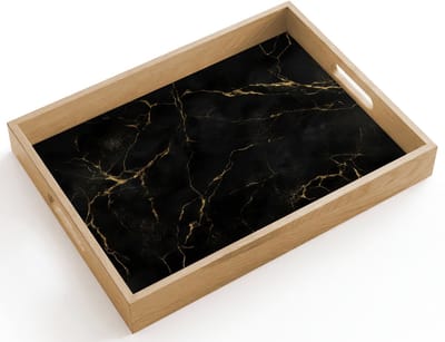 Dienblad hout 40x30 cm - Schootdienblad - Zwart marmer - Gouden aders - Klassiek - Borrelplank rechthoek - Plateau dienbladen
