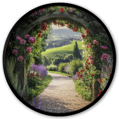 Poster in lijst Rond - Fotolijst 40x40 cm - Posters - Doorkijk - Tuinboog - Bloemen - Natuur - Pad - Ronde posterlijst zwart - Decoratie - Wanddecoratie woonkamer - Muurdecoratie slaapkamer