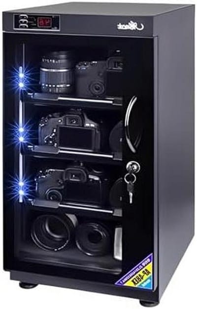 Digitale droogkast van 35 liter voor camera's en lenzen, elektronische ontvochtiger met ledverlichting, wachtwoordslot, verstelbare schappen en magnetische sluiting, vochtregulerend.