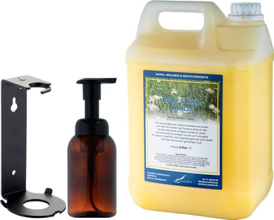 Zeepdispenser 300 ml amber bruin hervulbaar + 5 liter Body & Hair Kamille navulling (inclusief beugel)