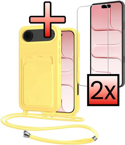 Hoes Geschikt voor iPhone Air Hoesje Pasjeshouder Cover Met Koord Case Siliconen Hoes Met Telefoonkoord en Kaarthouder Met 2x Screenprotector - Geel
