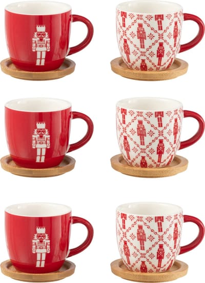 J-Line koffietas + schoteltje Notenkraker - bambou/keramiek - rood - giftbox van 6