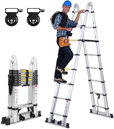 Telescopische Ladder - Schuifladder Vouwladder - Veilig Klussen - Schommelbestendig Ontwerp - 5 Meter - Zilver