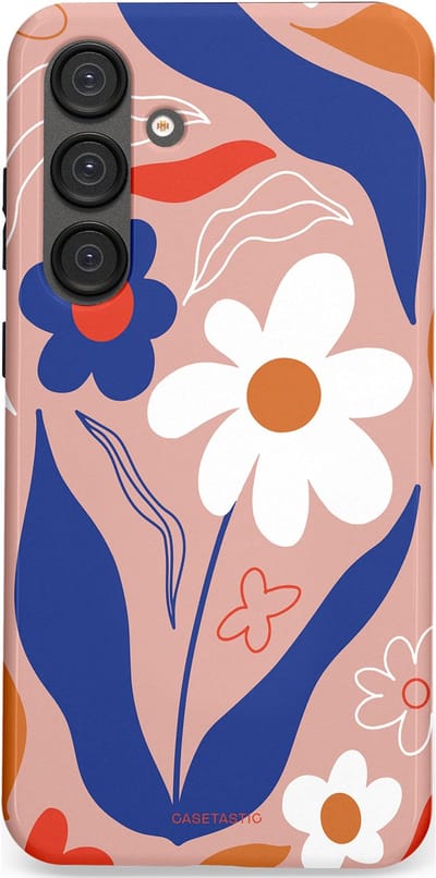 Casetastic hoesje geschikt voor Samsung Galaxy S25 Plus - Dubbellaagse bescherming - Eenvoud in bloei - Fashion Case - Perzik Donkerblauw Wit