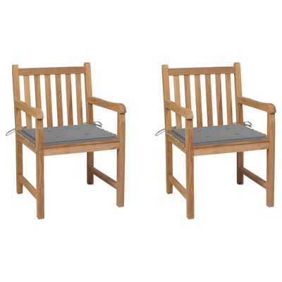 vidaXL - Tuinstoelen - 2 - st - met - grijze - kussens - massief - teakhout