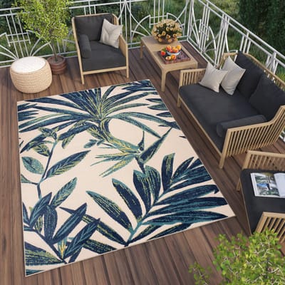 Tapiso Patio Indoor Tapijt Beige Blauw Tuintapijt Buitenkleed Planten Maat- 200x300