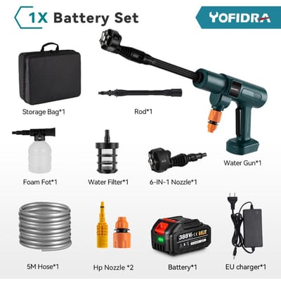 YOFIDRA 217PSI borstelloze elektrische hogedrukreiniger 6IN1 autowaswaterpistool voor Makita 18V accu tuinwatersproeier reinigingsgereedschap 1xBattery