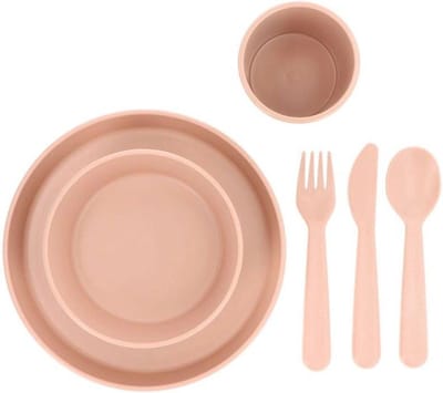 Tutete - kinderservies set - bord kom beker vork mes lepel - roze / zalm - polypropyleen