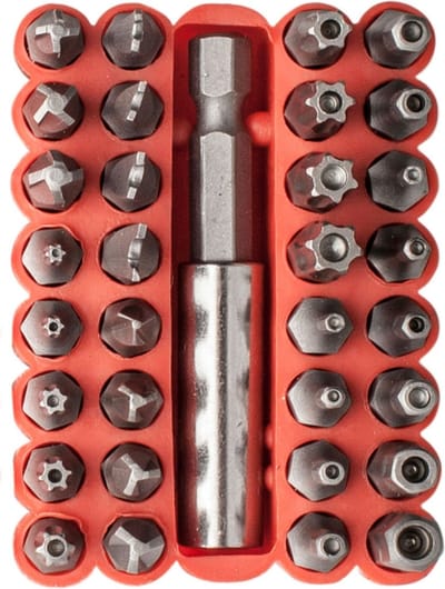 BITSET - 33 DELIG - VEILIGHEIDS / SECURITY BITS - TORX / INBUS / SNAKE EYE / TRI-WING - IN HANDIGE VERPAKKING