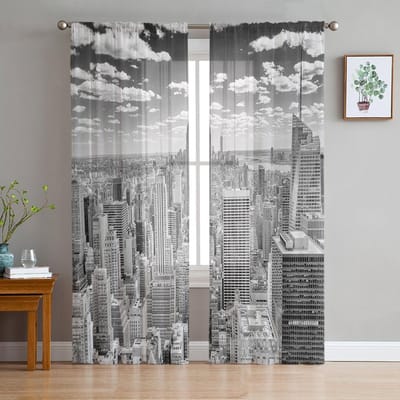 Grijze New York City Landschap Transparante Gordijnen voor Woonkamerdecoratie Raamgordijnen voor Keuken Tule Voile Organza Gordijnen W135 x H185cm x1