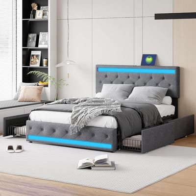 Tweepersoonsbed 140x200 met LED Verlichting en USB, Gestoffeerd Slaapbank met Opbergruimte