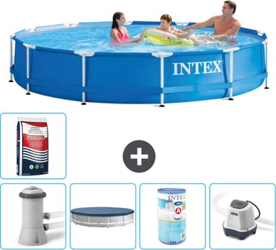 Intex Rond Frame Zwembad - 366 x 76 cm - Blauw - Inclusief Pomp - Afdekzeil - Filter - Zoutwatersysteem - Zwembadzout - 6-delig