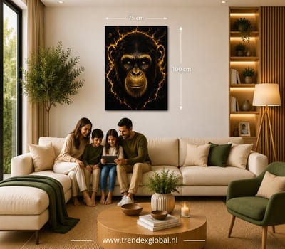 Canvas schilderij 100x75 cm - Gouden Chimpansee op zwarte achtergrond - Luxe Wanddecoratie - Zwart - Goud - Dieren
