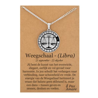 Sterrenbeeld Weegschaal (Libra) Ketting op Cadeau Kaartje - Zilverkleurig - Roestvrij Staal Zodiac Talisman - Stainless Steel - 60cm - Pax Amare