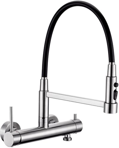 Dailygoods- Keukenkraan wandmontage 3/4 inch aansluiting - Roestvrijstalen wandarmatuur - 3 straalsoorten - Flexibele uitloop - Totale hoogte 385 mm - Multifunctioneel met 360° draaibaar. - Wandkraan