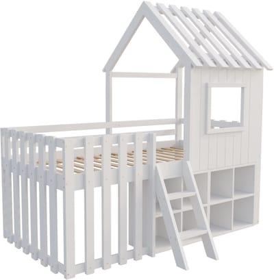 Kinderbed huisje - Hoogslaper - 90x200 - Huisbed - Speelbed - Massief hout - Dak en raam - Klimladder - Opbergruimte - Kinderkamer - Bed - Wit