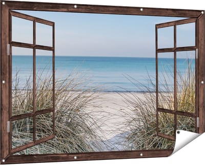 Gards Tuinposter Doorkijk Strand en Zee vanuit de Duinen - 150x100 cm - Tuindoek - Tuindecoratie - Wanddecoratie buiten - Tuinschilderij
