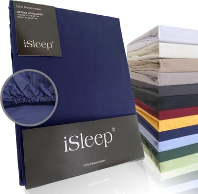 iSleep Perkal Hoeslaken - 100% Perkal Katoen - Hoge Hoek - Rondom Elastiek - Eenpersoons - 80x200 cm - Donker Blauw
