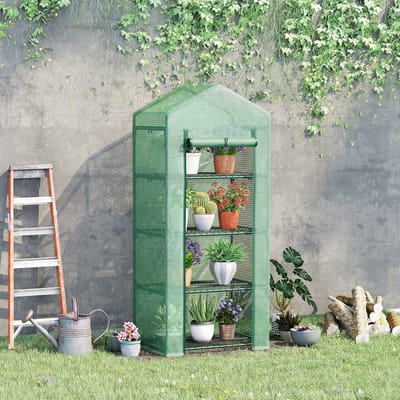 MODFU - Kweekkas - 4 Planken - Roldeur - Voor Tuin - Staal - Donkergroen - 70 x 50 x 160 cm