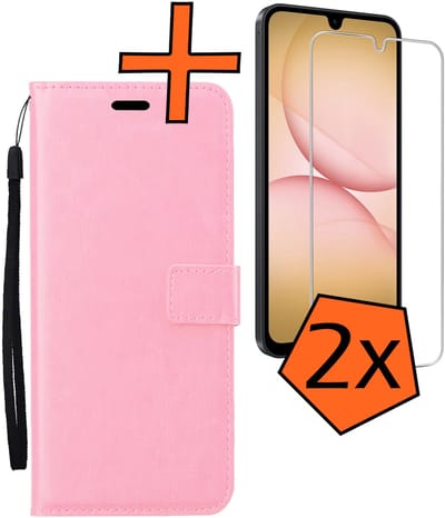 Hoes - Met 2x Screenprotector - Geschikt voor Samsung Galaxy A17 - Luxe Pasjeshouder - Bookcase Portemonee - Flip Case - Kunstleer Book Case - Flipcase Hoes - Book Cover - Walletcase - PortemonneeHoes - Lichtroze