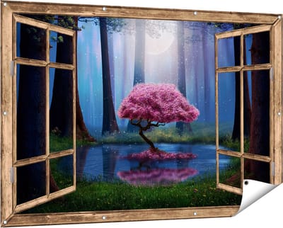 Gards Tuinposter Doorkijk Roze Boom op een Vijver in de Nacht - 150x100 cm - Tuindoek - Tuindecoratie - Wanddecoratie buiten - Tuinschilderij
