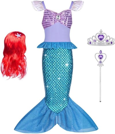 Mermaid Kostuum voor Meisjes - 4-delig Set met Rood Haar, Tiara en Toverstaf voor Halloween, Verjaardag en Cosplay