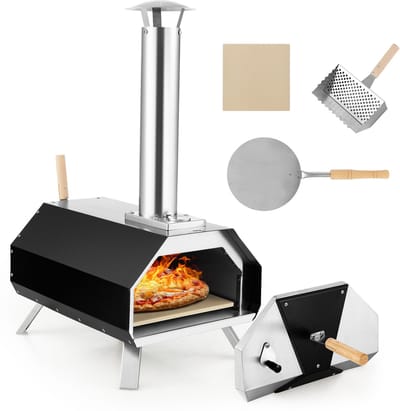 COSTWAY Outdoor pizzaoven, draagbare pizzaoven van roestvrij staal met pizzasteen pizzaschep, thermometer & inklapbare poten, voor picknick, feest, camping
