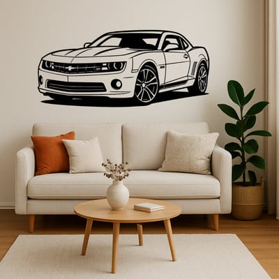 Chevrolet Camaro SS Wanddecoratie Hout – Muscle Car Muurkunst Groot – Lasergesneden Auto Design – Stoer Cadeau voor Autoliefhebber – Garage & Mancave Decor – 75 cm Breed